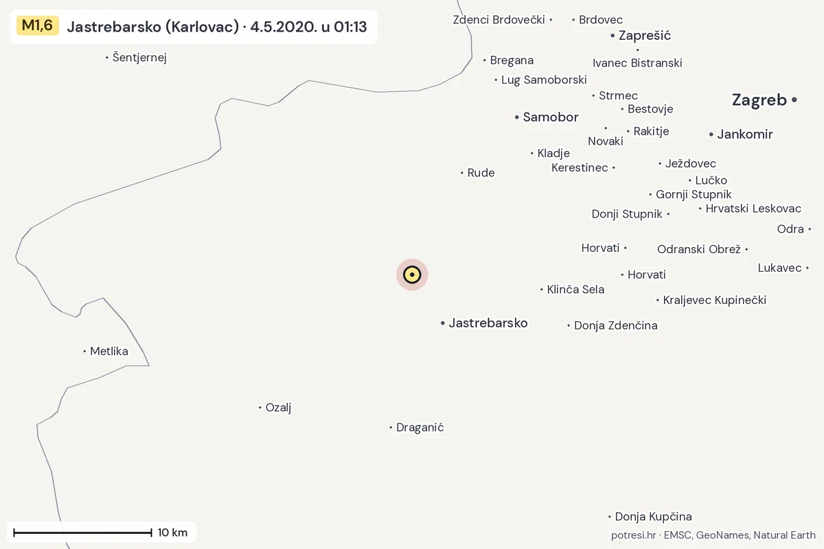 Karta: okolica epicentra, 60 km, potres M1,6, Jastrebarsko (Karlovac), 4.5.2020.