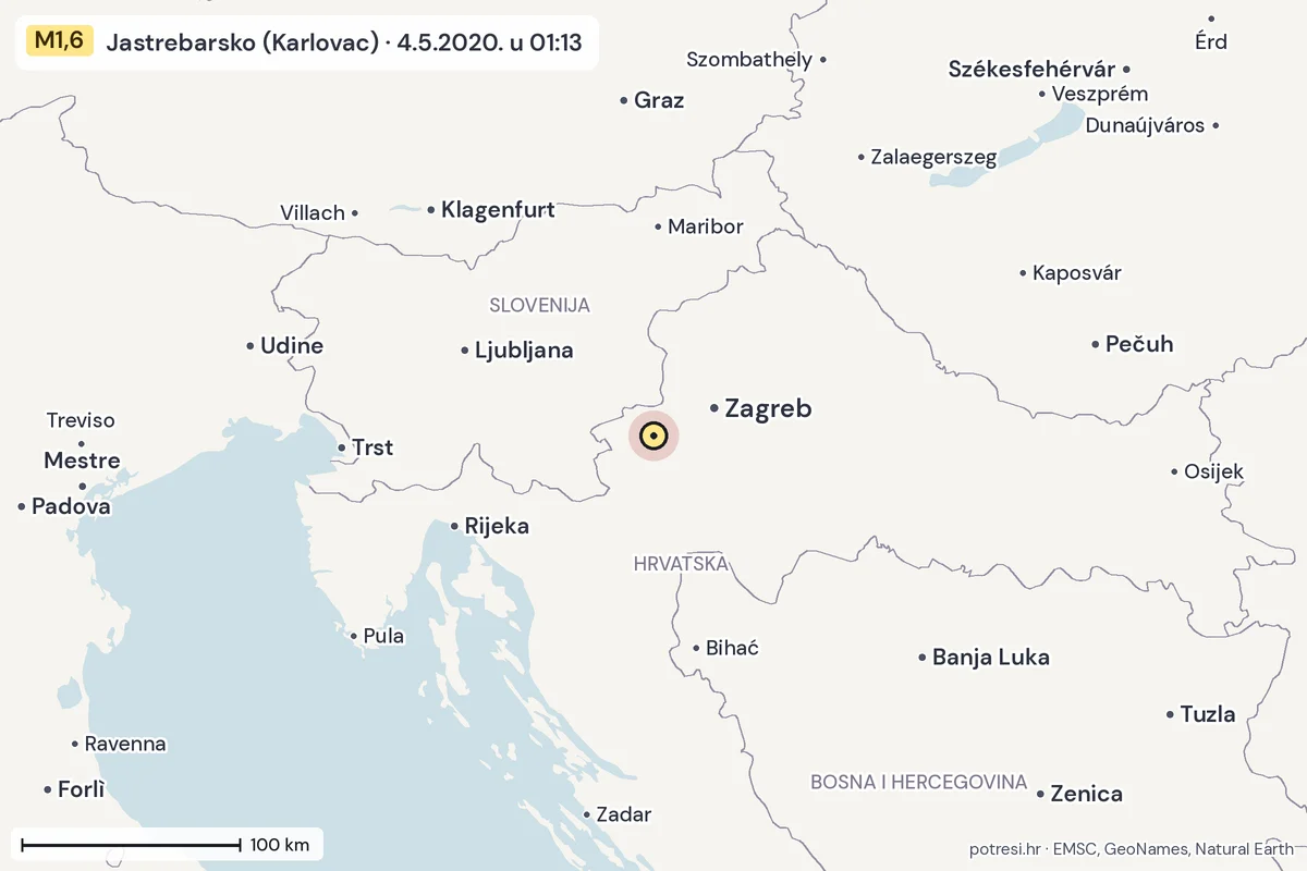 Karta: šire područje, 600 km, potres M1,6, Jastrebarsko (Karlovac), 4.5.2020.