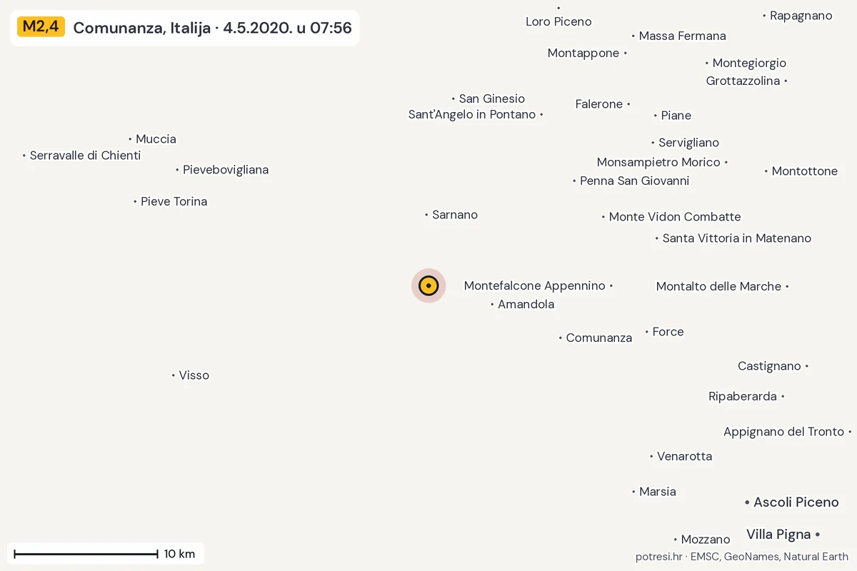 Karta: okolica epicentra, 60 km, potres M2,4, Comunanza, Italija, 4.5.2020.