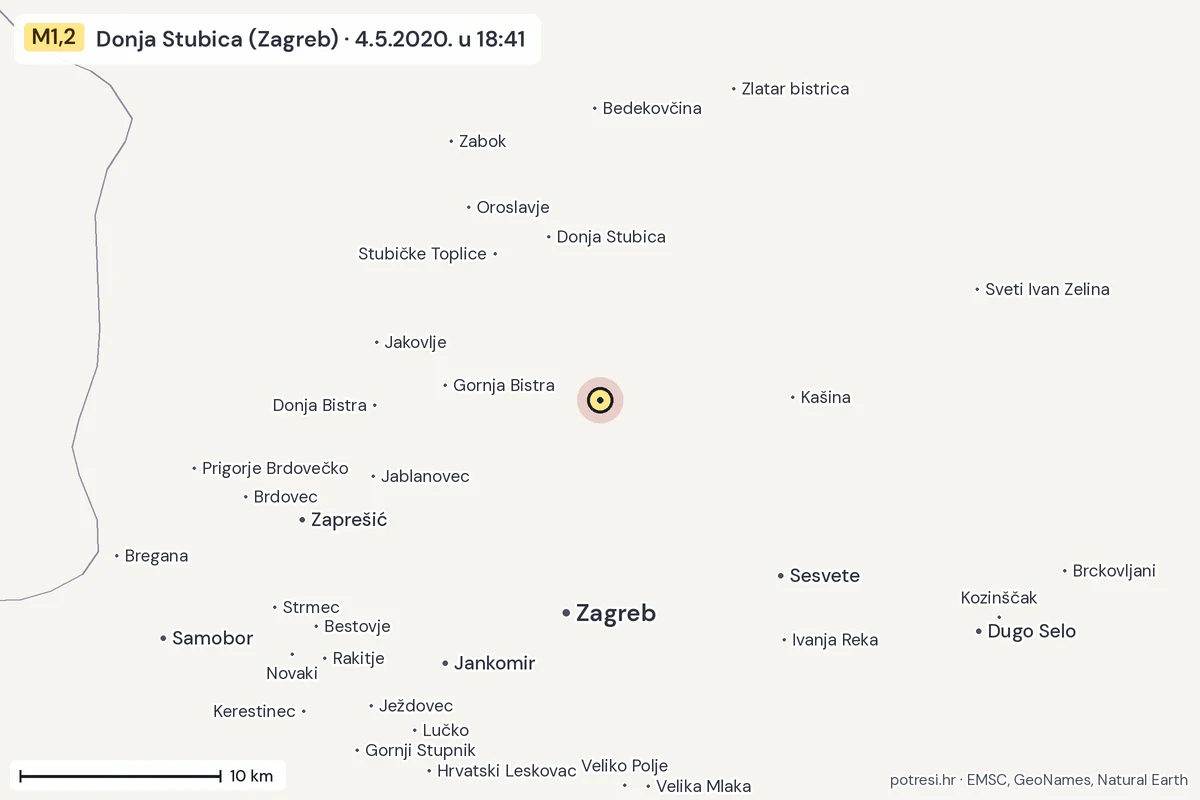 Karta: okolica epicentra, 60 km, potres M1,2, Donja Stubica (Zagreb), 4.5.2020.