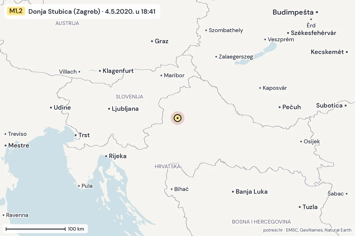 Karta: šire područje, 600 km, potres M1,2, Donja Stubica (Zagreb), 4.5.2020.
