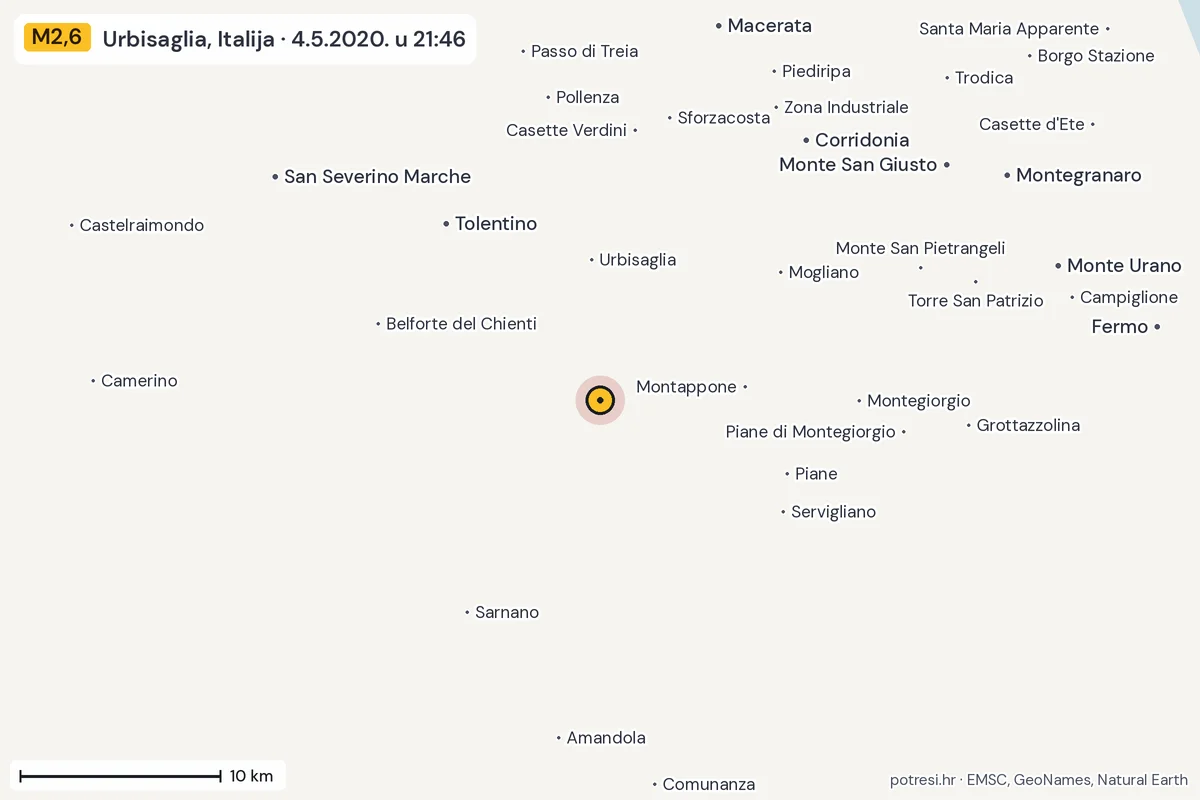 Karta: okolica epicentra, 60 km, potres M2,6, Urbisaglia, Italija, 4.5.2020.
