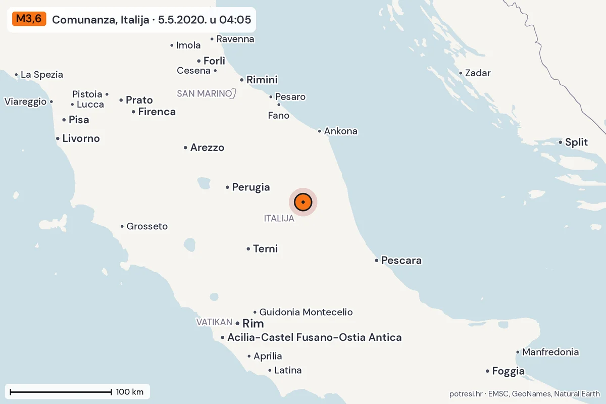 Karta: šire područje, 600 km, potres M3,6, Comunanza, Italija, 5.5.2020.