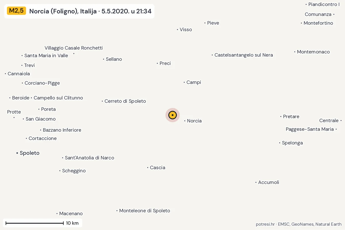 Karta: okolica epicentra, 60 km, potres M2,5, Norcia (Foligno), Italija, 5.5.2020.