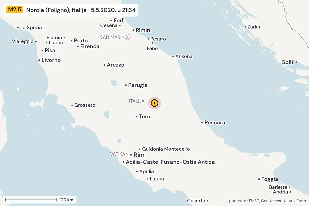Karta: šire područje, 600 km, potres M2,5, Norcia (Foligno), Italija, 5.5.2020.