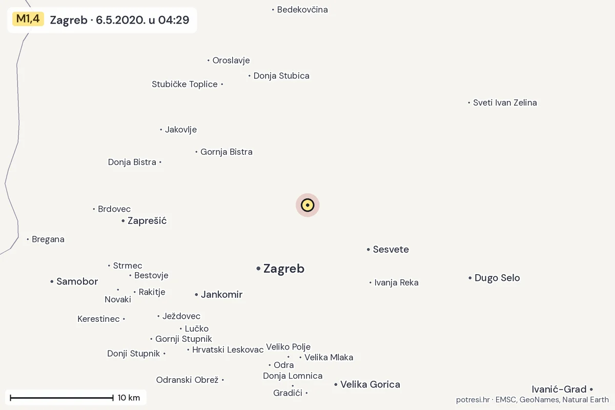 Karta: okolica epicentra, 60 km, potres M1,4, Zagreb, 6.5.2020.
