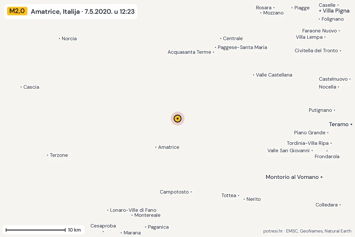 Karta: okolica epicentra, 60 km, potres M2,0, Amatrice, Italija, 7.5.2020.