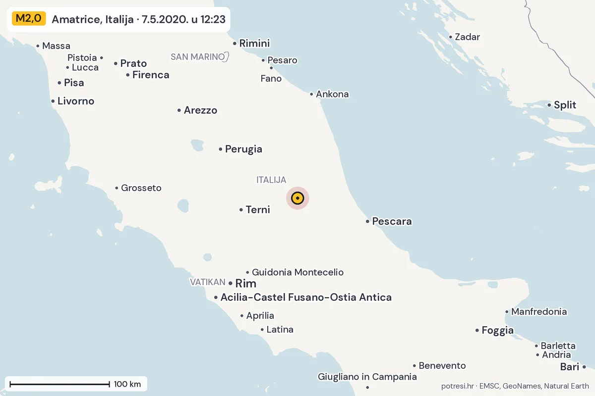 Karta: šire područje, 600 km, potres M2,0, Amatrice, Italija, 7.5.2020.