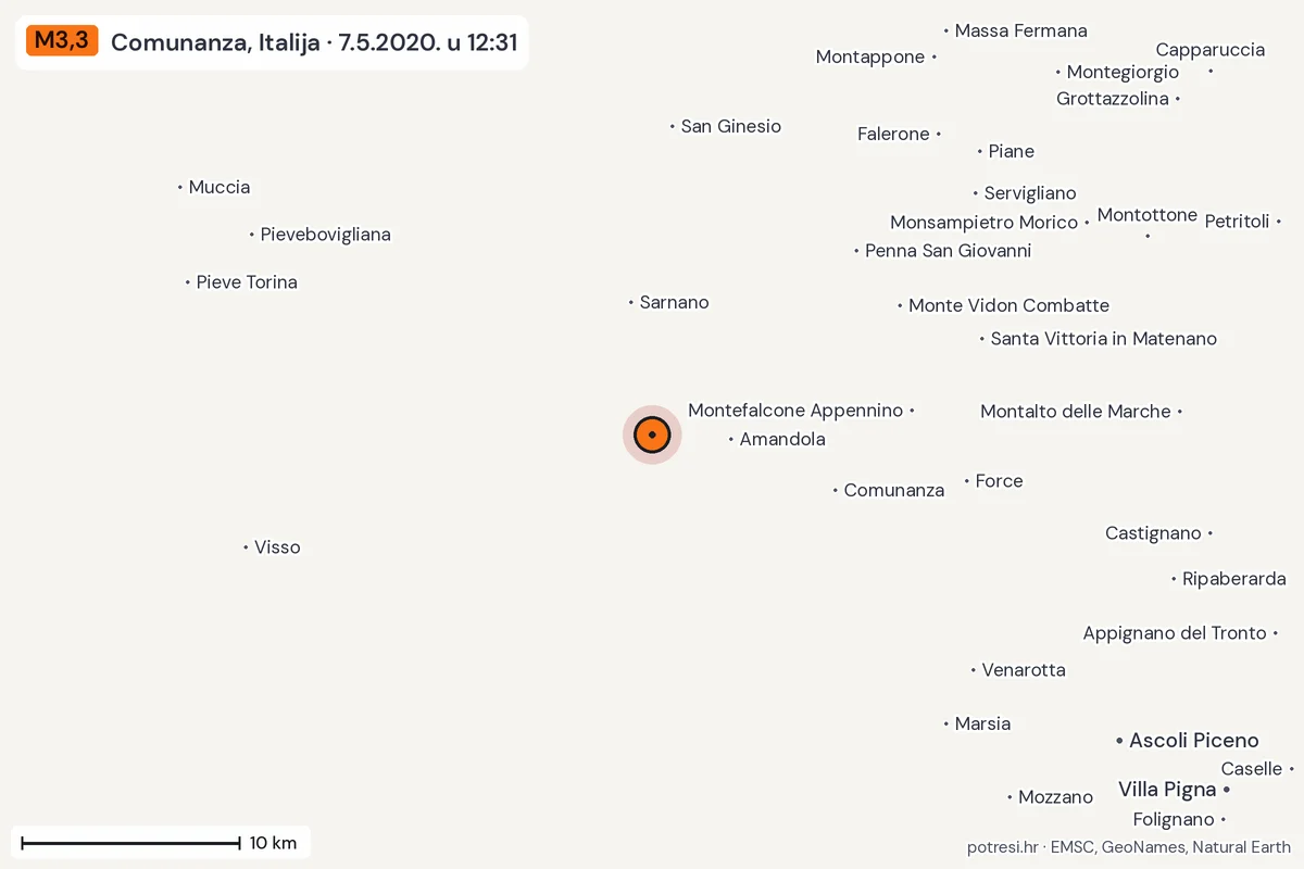 Karta: okolica epicentra, 60 km, potres M3,3, Comunanza, Italija, 7.5.2020.