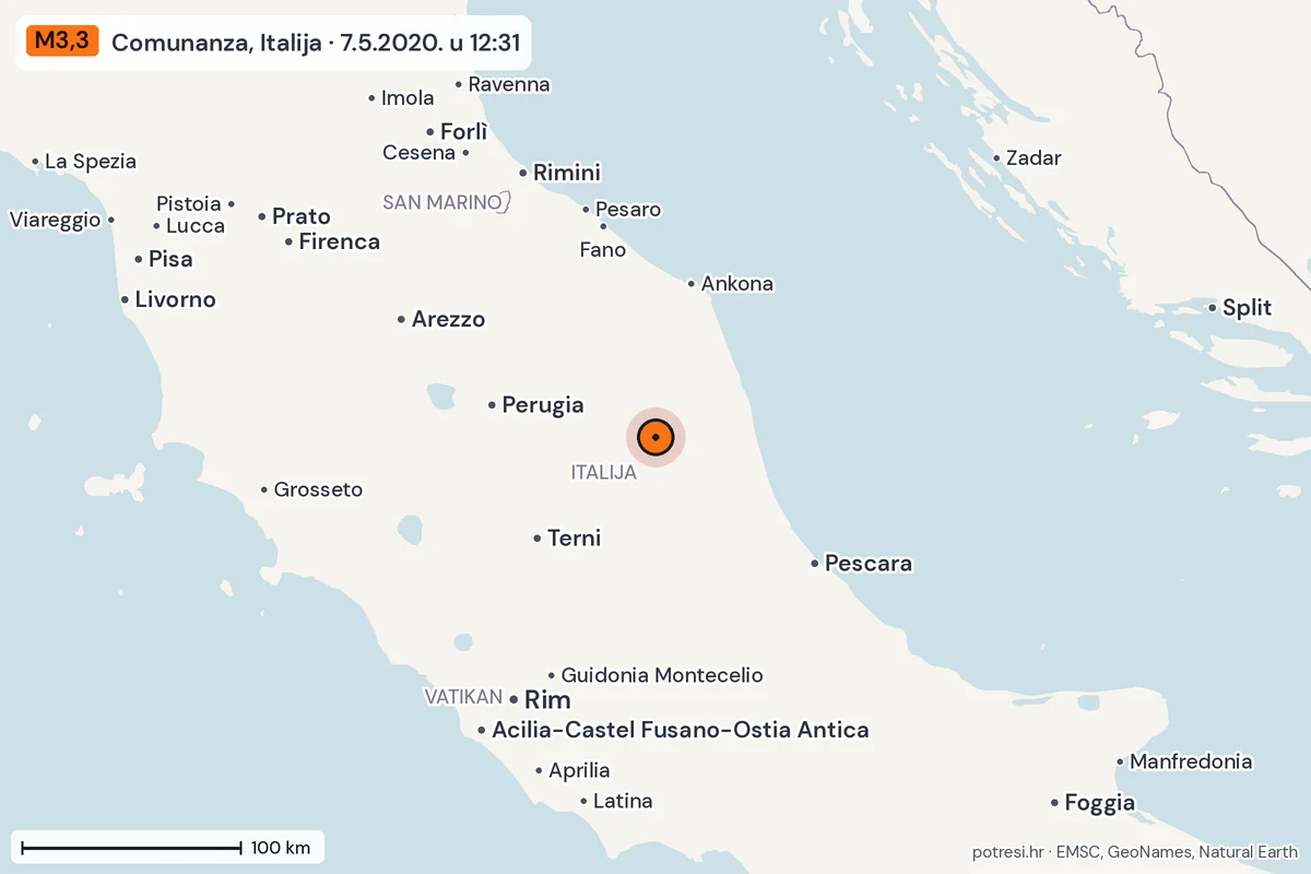 Karta: šire područje, 600 km, potres M3,3, Comunanza, Italija, 7.5.2020.