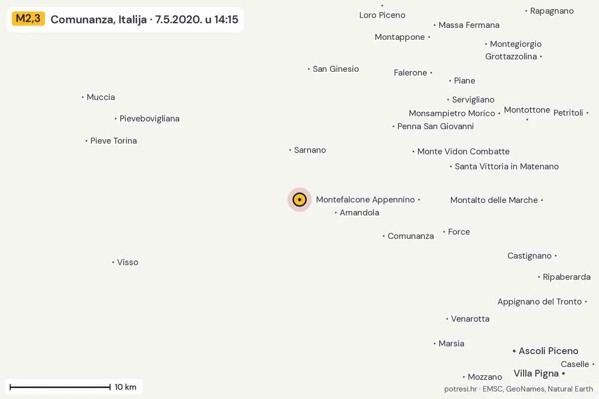 Karta: okolica epicentra, 60 km, potres M2,3, Comunanza, Italija, 7.5.2020.