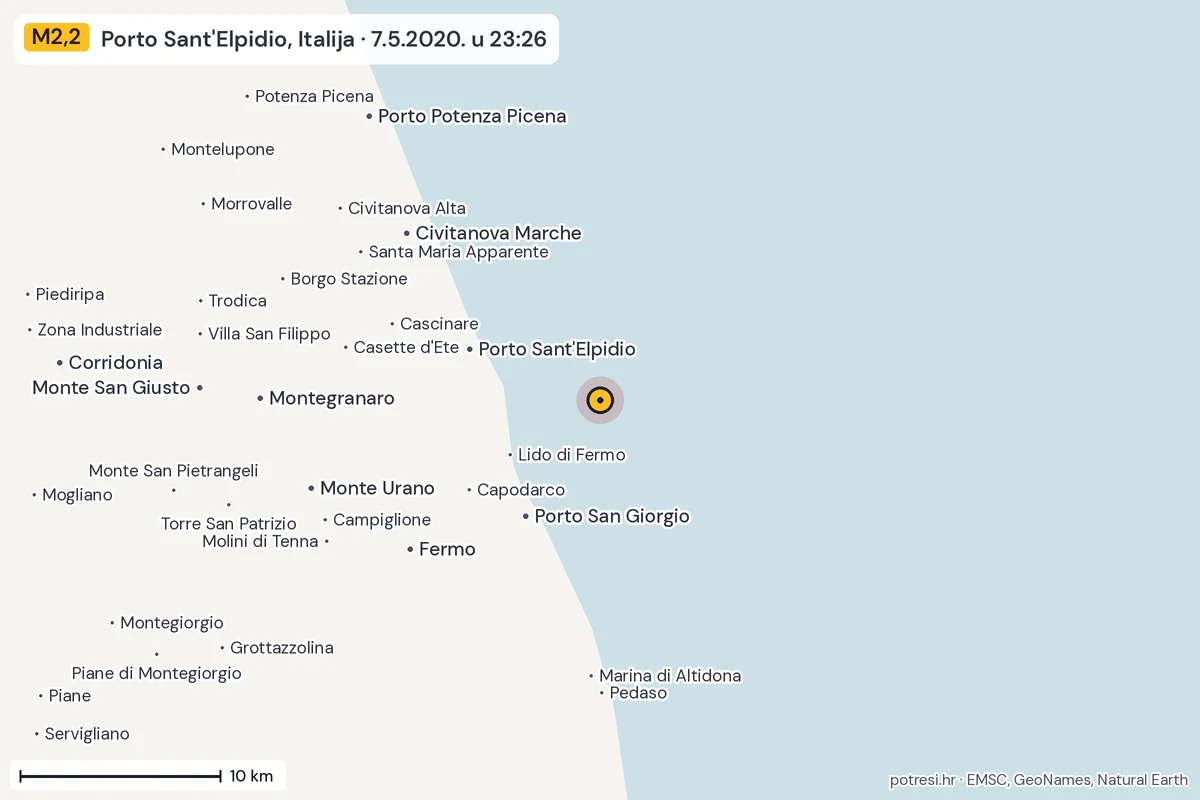 Karta: okolica epicentra, 60 km, potres M2,2, Porto Sant'Elpidio, Italija, 7.5.2020.