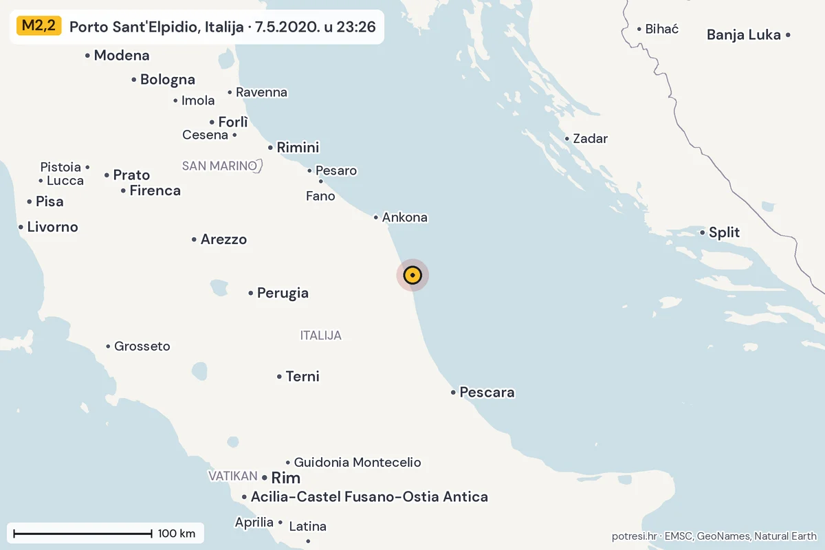 Karta: šire područje, 600 km, potres M2,2, Porto Sant'Elpidio, Italija, 7.5.2020.
