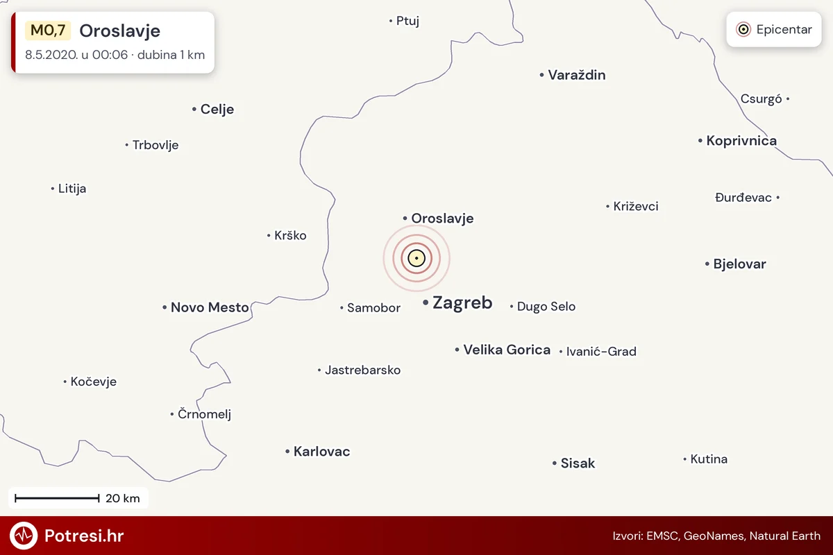 Karta: šire područje i vjerojatni doseg osjeta, potres M0,7, Oroslavje, 8.5.2020.