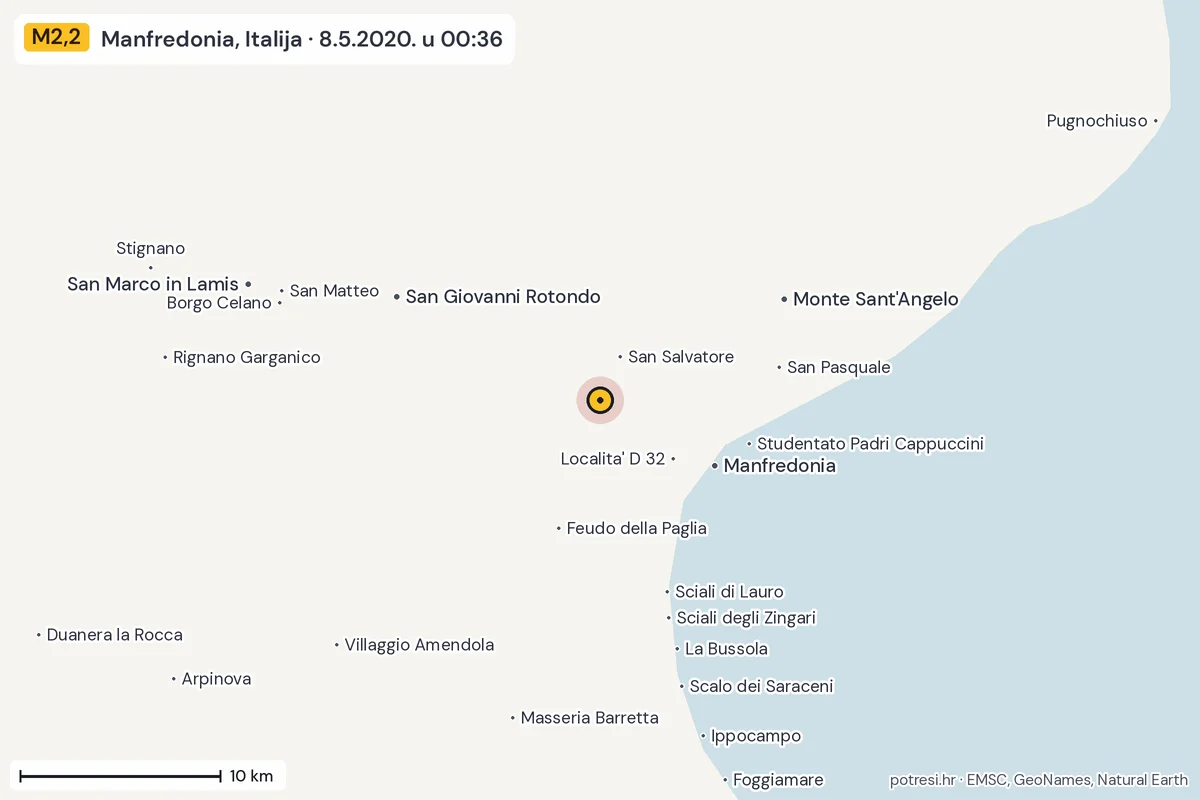 Karta: okolica epicentra, 60 km, potres M2,2, Manfredonia, Italija, 8.5.2020.