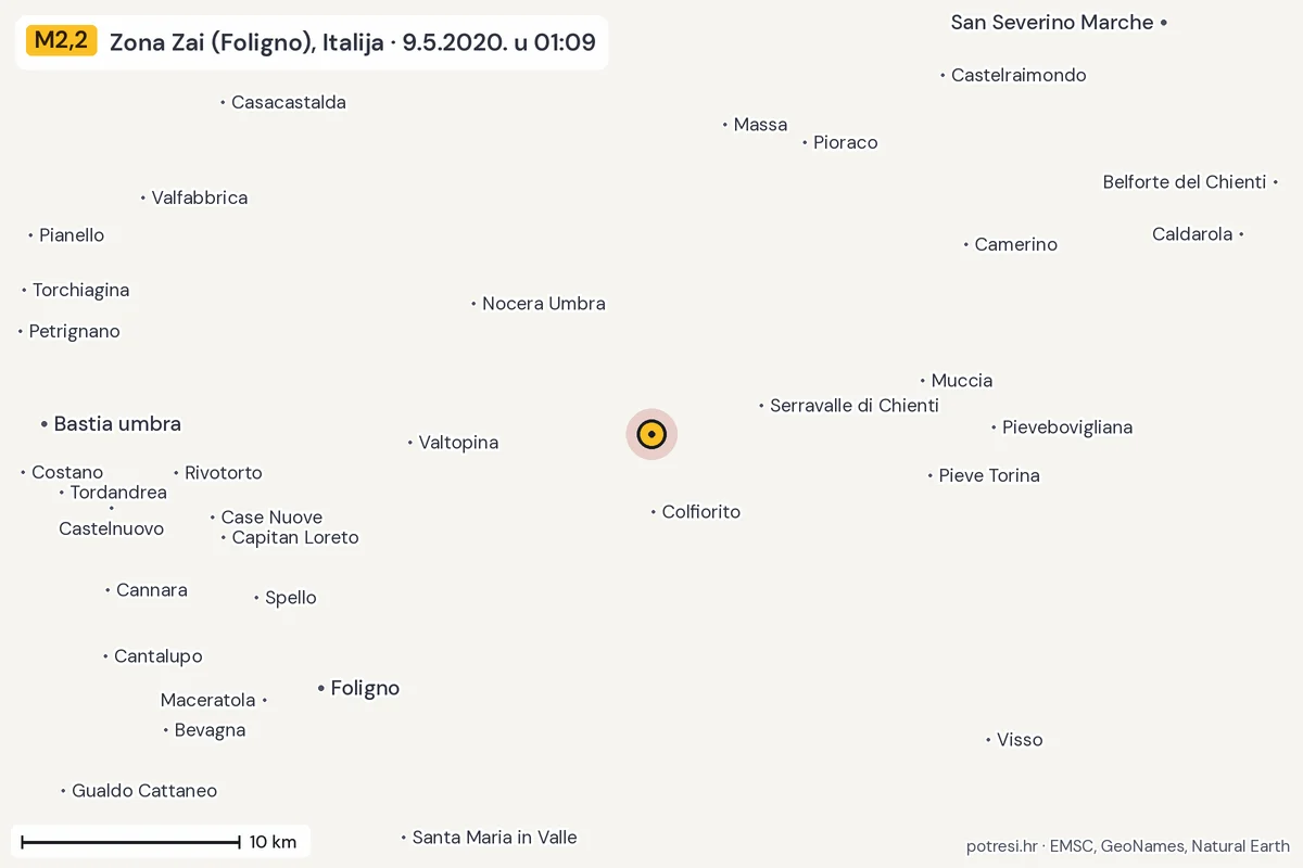 Karta: okolica epicentra, 60 km, potres M2,2, Zona Zai (Foligno), Italija, 9.5.2020.