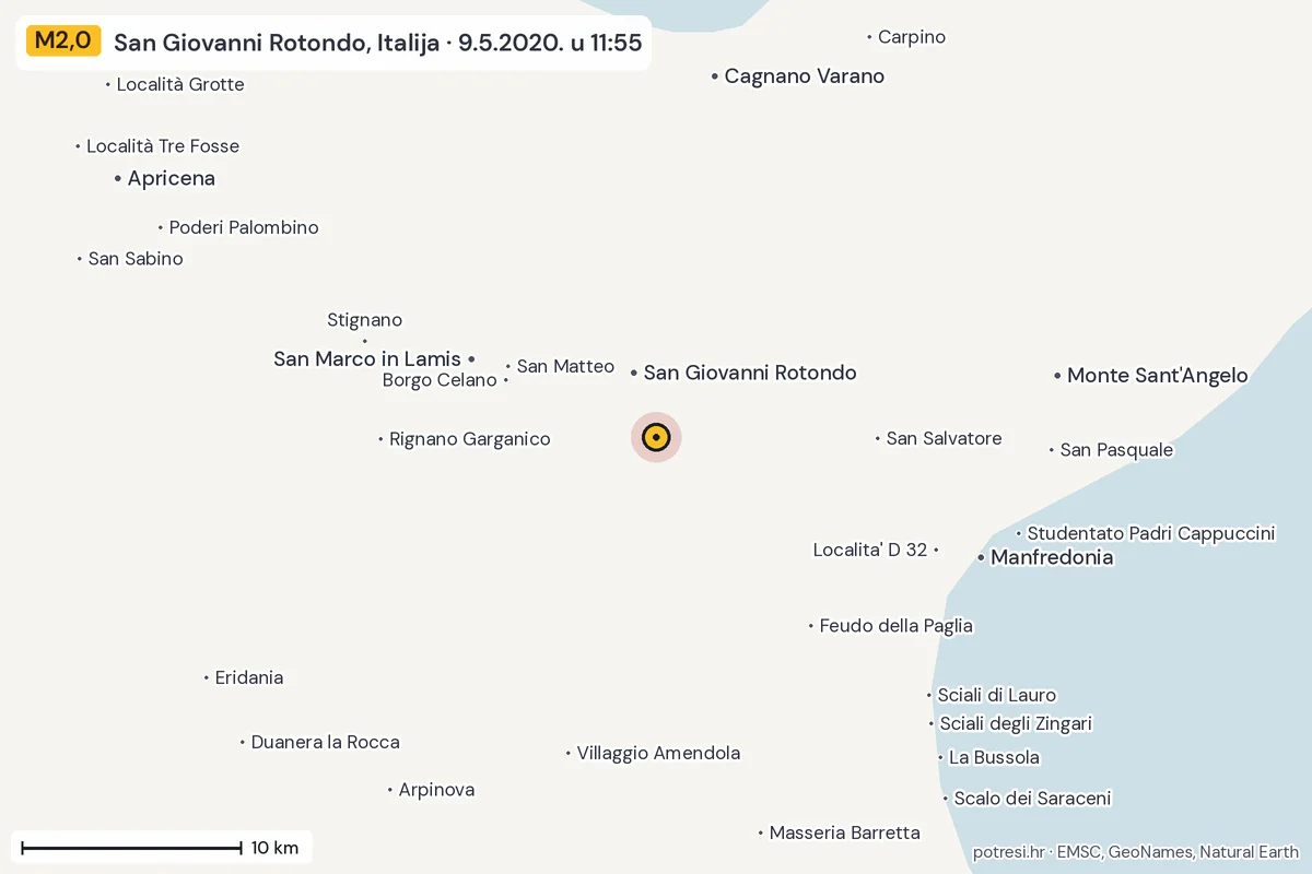 Karta: okolica epicentra, 60 km, potres M2,0, San Giovanni Rotondo, Italija, 9.5.2020.