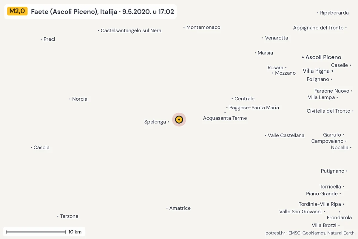Karta: okolica epicentra, 60 km, potres M2,0, Faete (Ascoli Piceno), Italija, 9.5.2020.