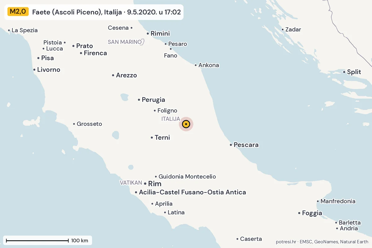 Karta: šire područje, 600 km, potres M2,0, Faete (Ascoli Piceno), Italija, 9.5.2020.