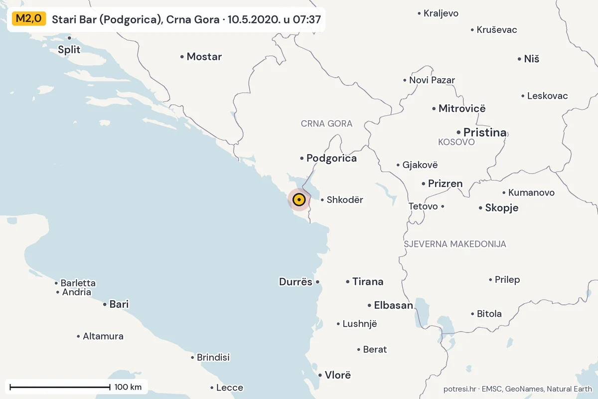 Karta: šire područje, 600 km, potres M2,0, Stari Bar (Podgorica), Crna Gora, 10.5.2020.