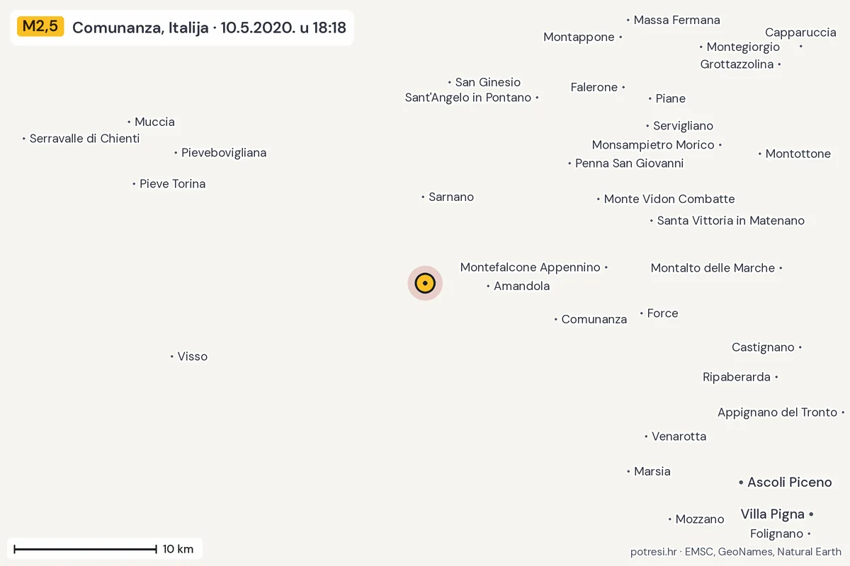 Karta: okolica epicentra, 60 km, potres M2,5, Comunanza, Italija, 10.5.2020.