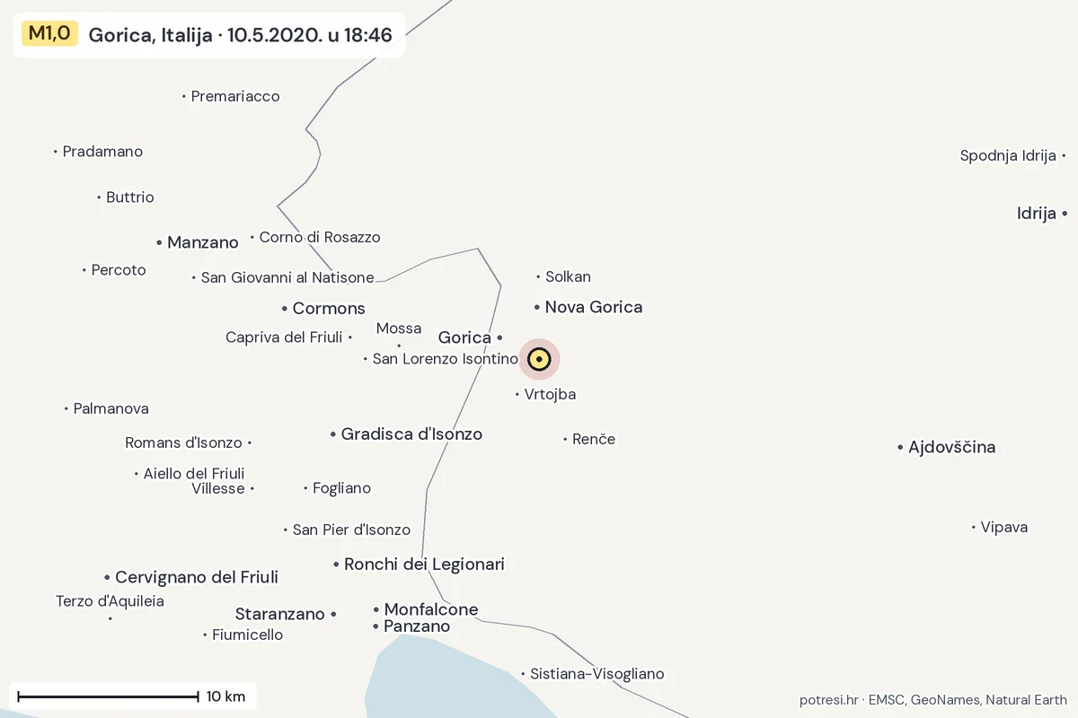 Karta: okolica epicentra, 60 km, potres M1,0, Gorica, Italija, 10.5.2020.
