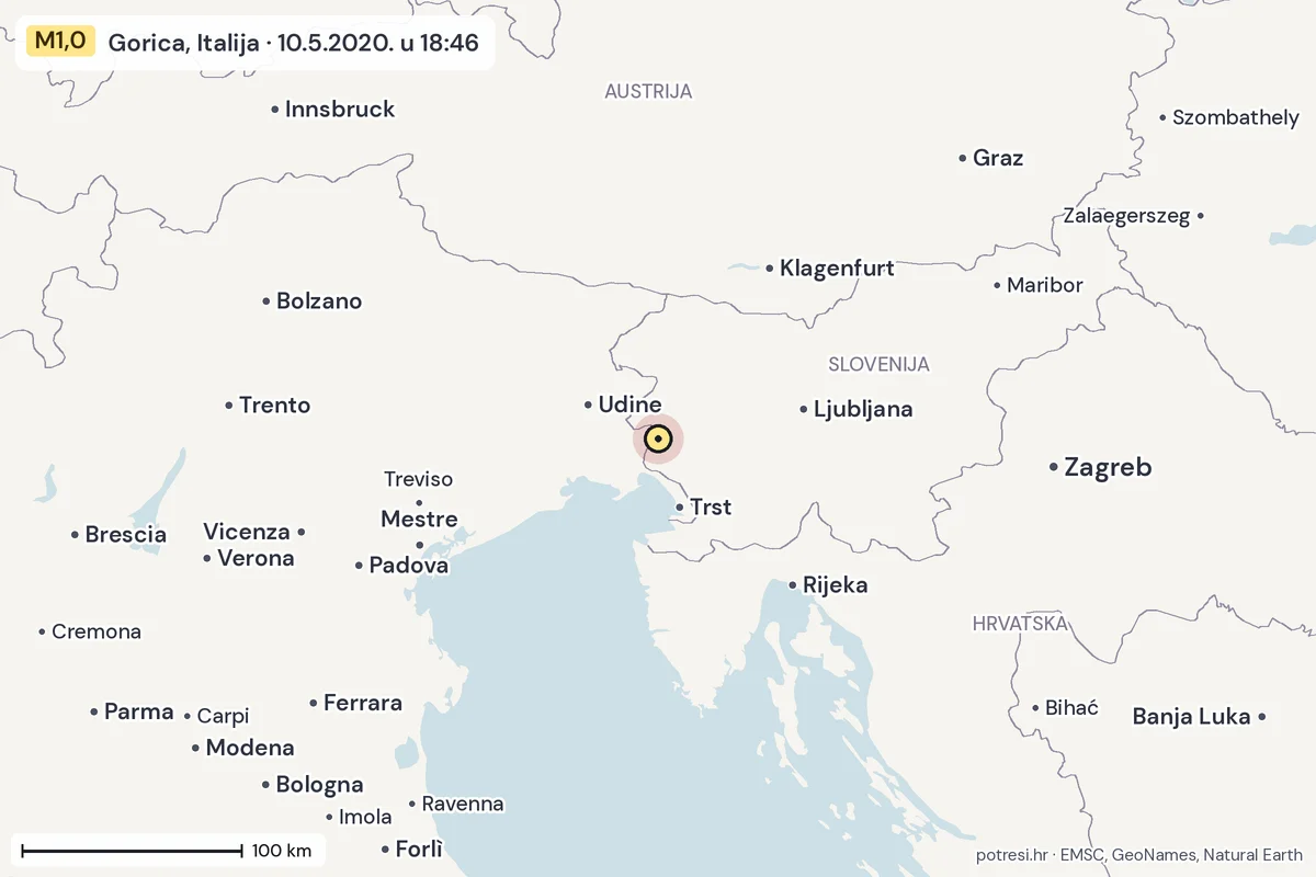 Karta: šire područje, 600 km, potres M1,0, Gorica, Italija, 10.5.2020.