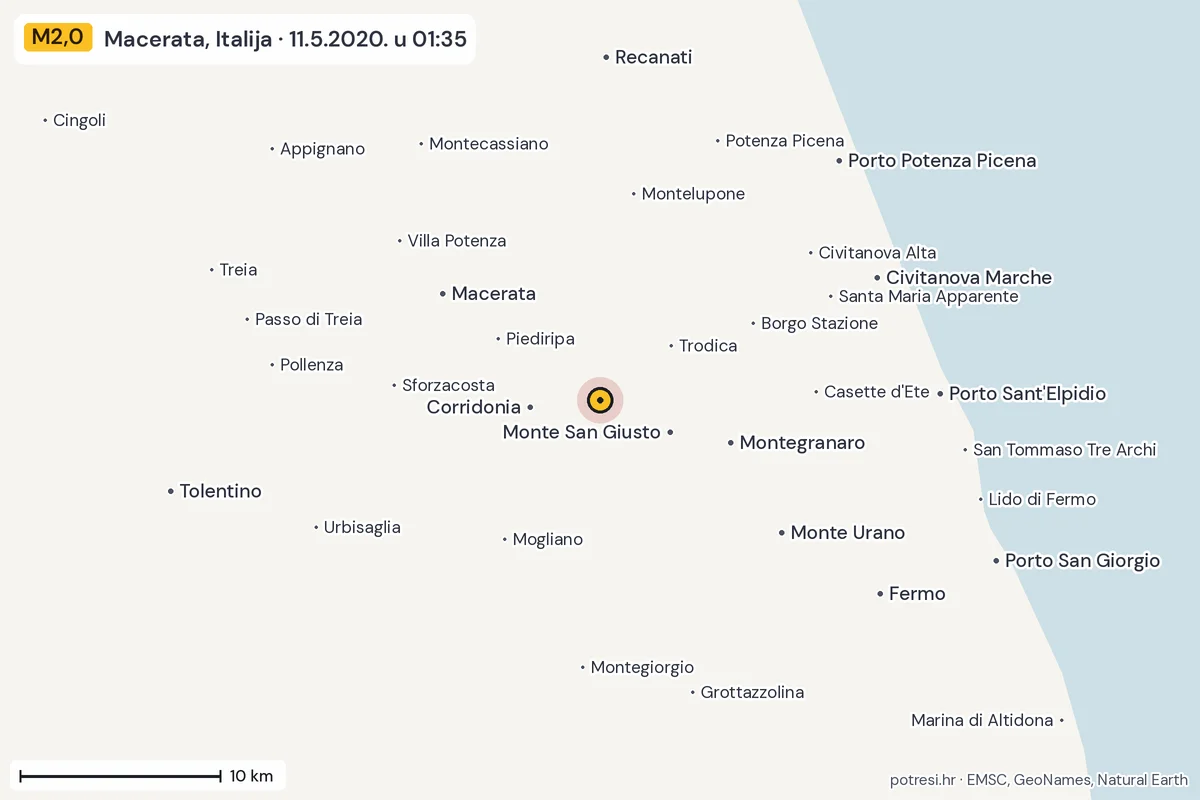 Karta: okolica epicentra, 60 km, potres M2,0, Macerata, Italija, 11.5.2020.