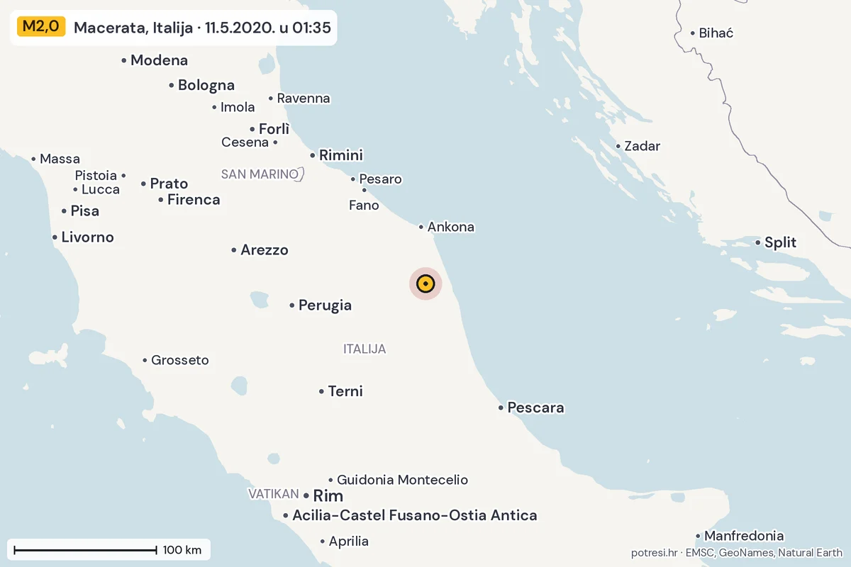 Karta: šire područje, 600 km, potres M2,0, Macerata, Italija, 11.5.2020.
