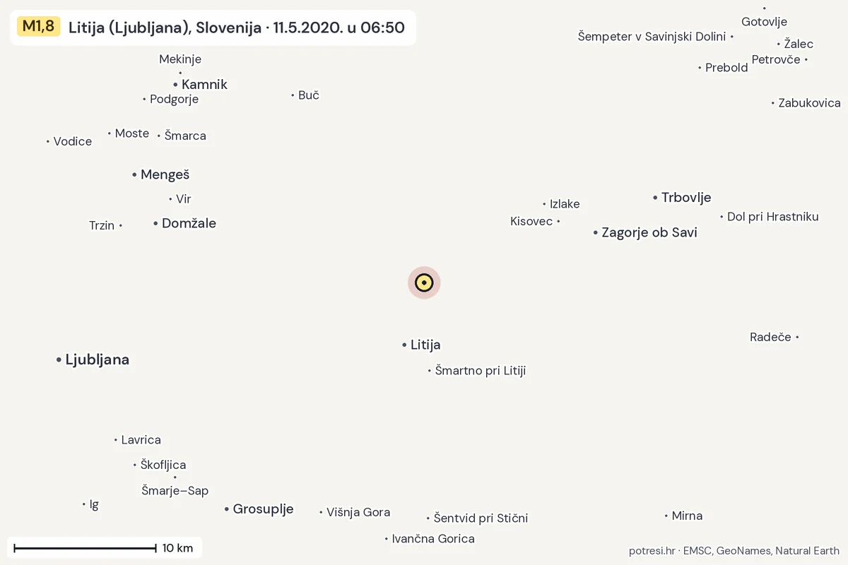 Karta: okolica epicentra, 60 km, potres M1,8, Litija (Ljubljana), Slovenija, 11.5.2020.