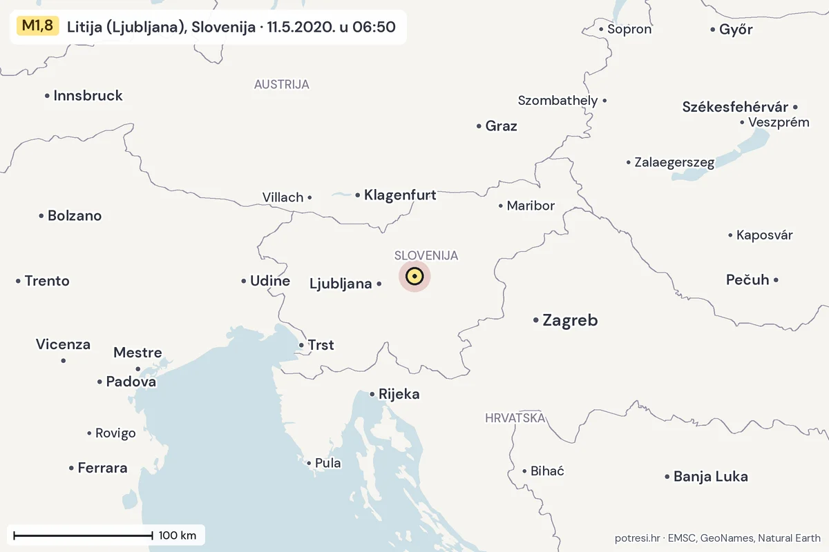 Karta: šire područje, 600 km, potres M1,8, Litija (Ljubljana), Slovenija, 11.5.2020.