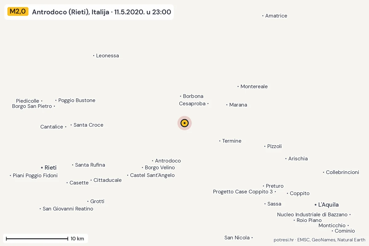 Karta: okolica epicentra, 60 km, potres M2,0, Antrodoco (Rieti), Italija, 11.5.2020.