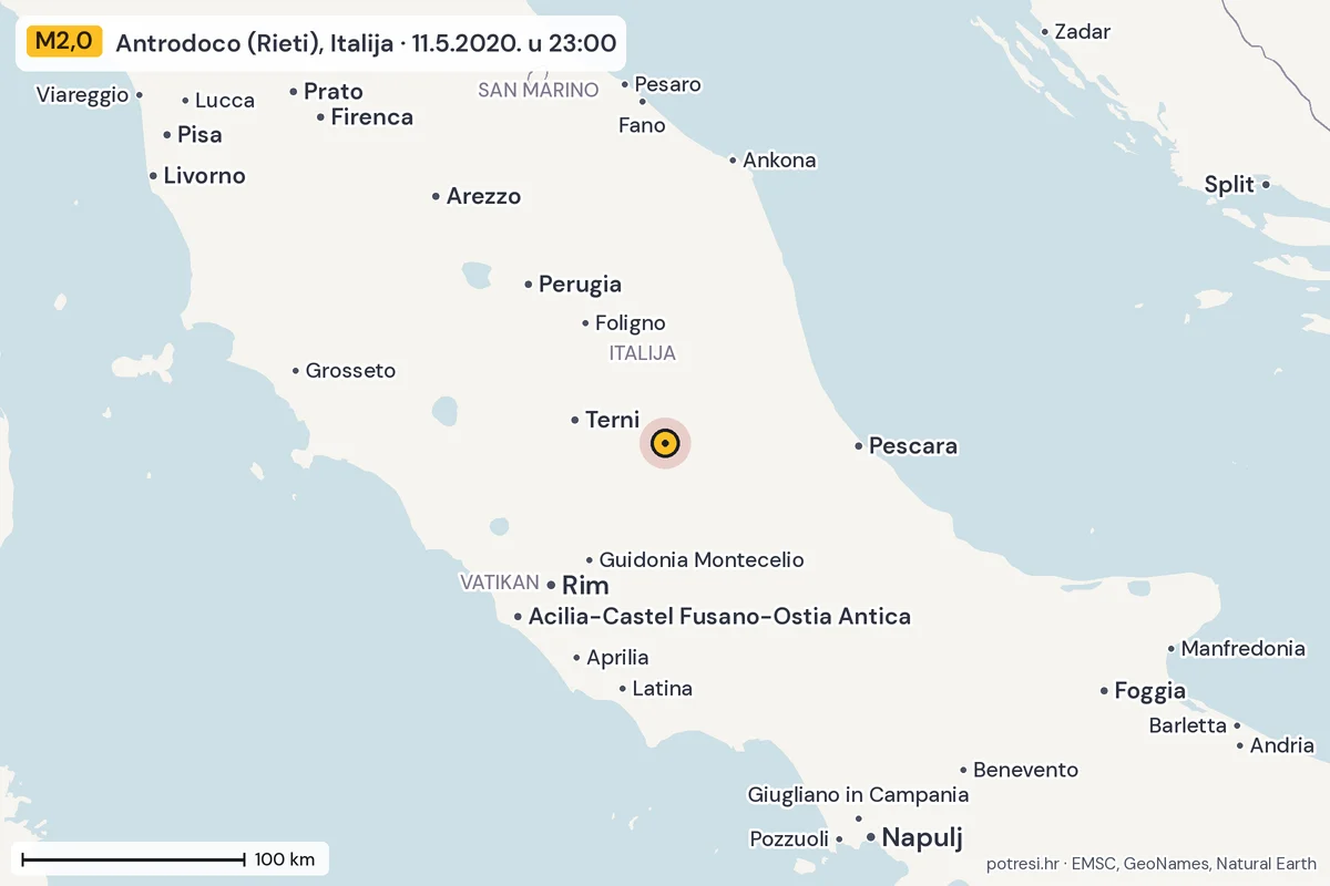 Karta: šire područje, 600 km, potres M2,0, Antrodoco (Rieti), Italija, 11.5.2020.