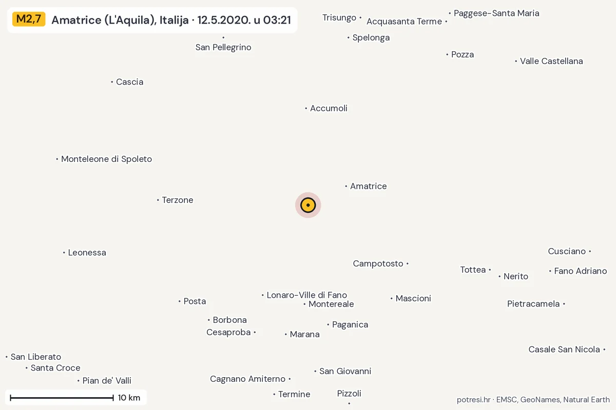 Karta: okolica epicentra, 60 km, potres M2,7, Amatrice (L'Aquila), Italija, 12.5.2020.