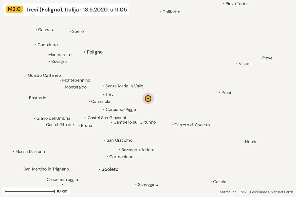 Karta: okolica epicentra, 60 km, potres M2,0, Trevi (Foligno), Italija, 13.5.2020.