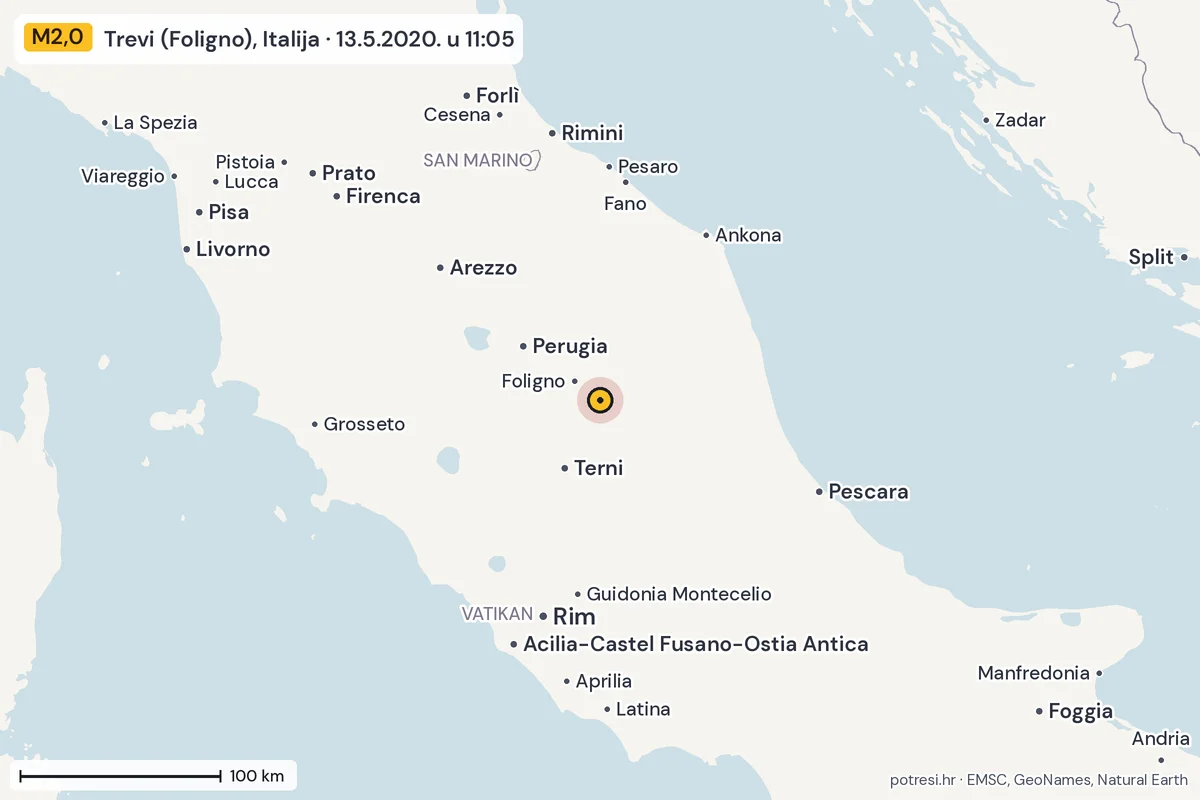 Karta: šire područje, 600 km, potres M2,0, Trevi (Foligno), Italija, 13.5.2020.