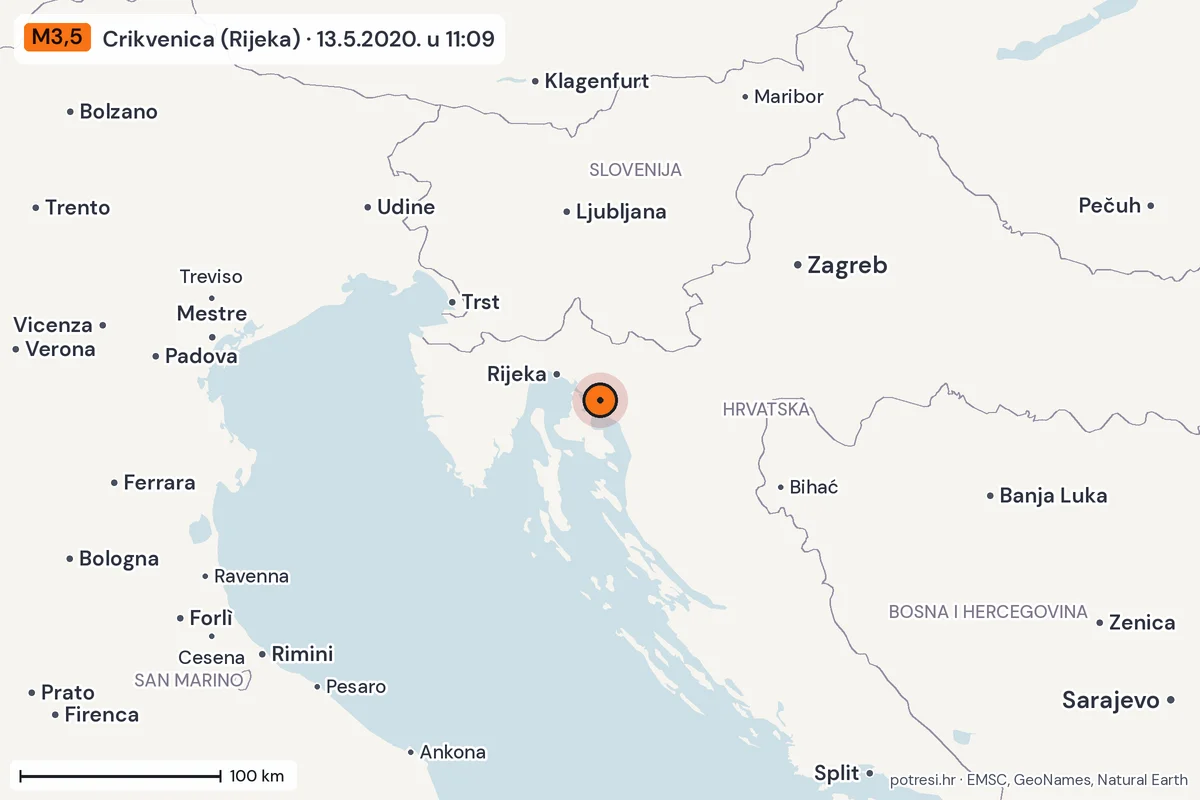 Karta: šire područje, 600 km, potres M3,5, Crikvenica (Rijeka), 13.5.2020.