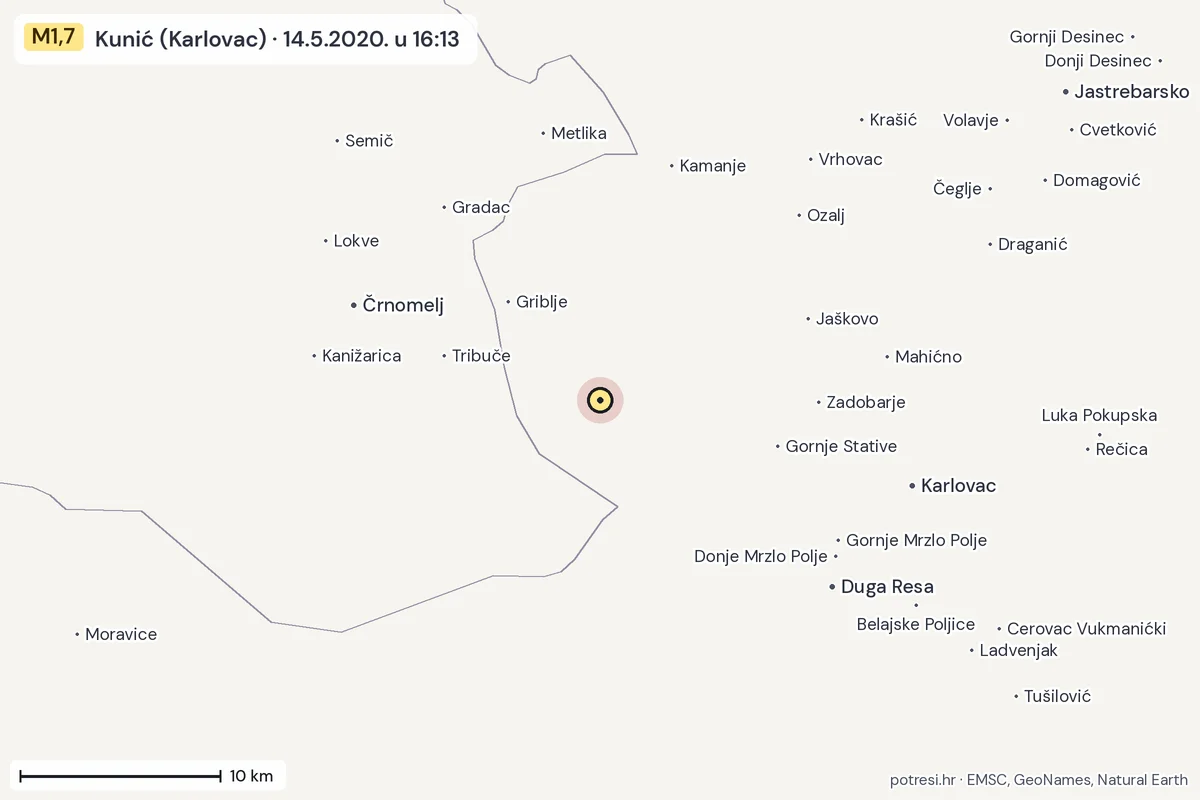 Karta: okolica epicentra, 60 km, potres M1,7, Kunić (Karlovac), 14.5.2020.