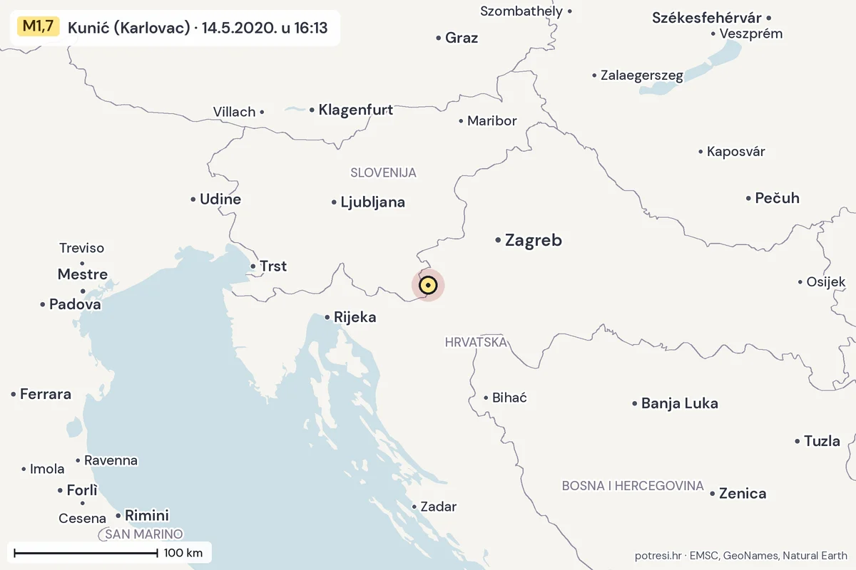 Karta: šire područje, 600 km, potres M1,7, Kunić (Karlovac), 14.5.2020.