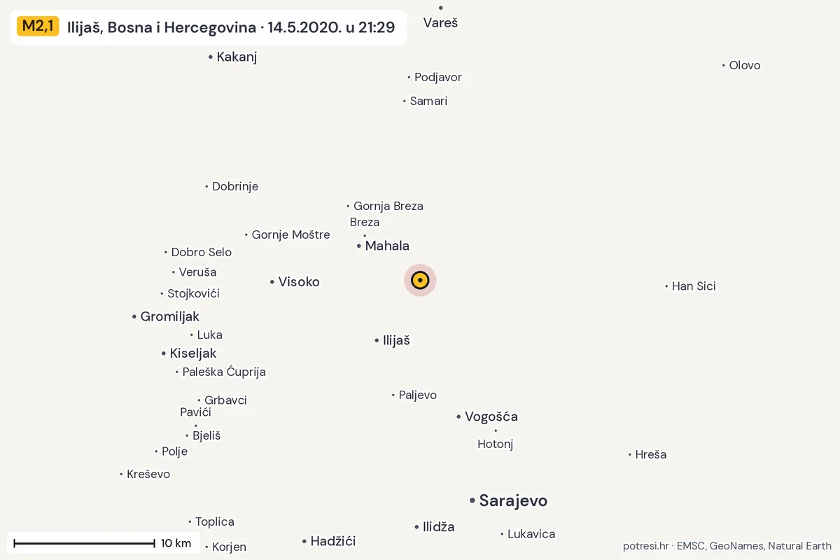 Karta: okolica epicentra, 60 km, potres M2,1, Ilijaš, Bosna i Hercegovina, 14.5.2020.