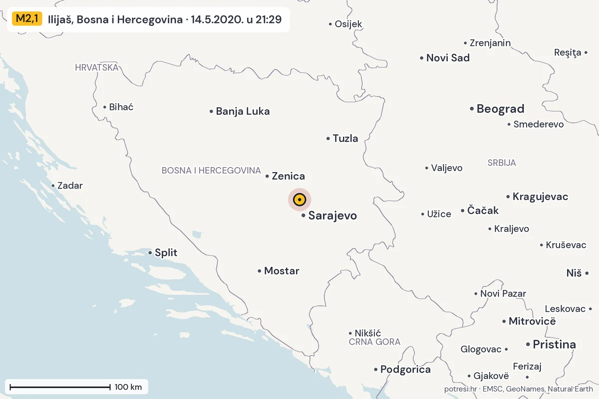 Karta: šire područje, 600 km, potres M2,1, Ilijaš, Bosna i Hercegovina, 14.5.2020.