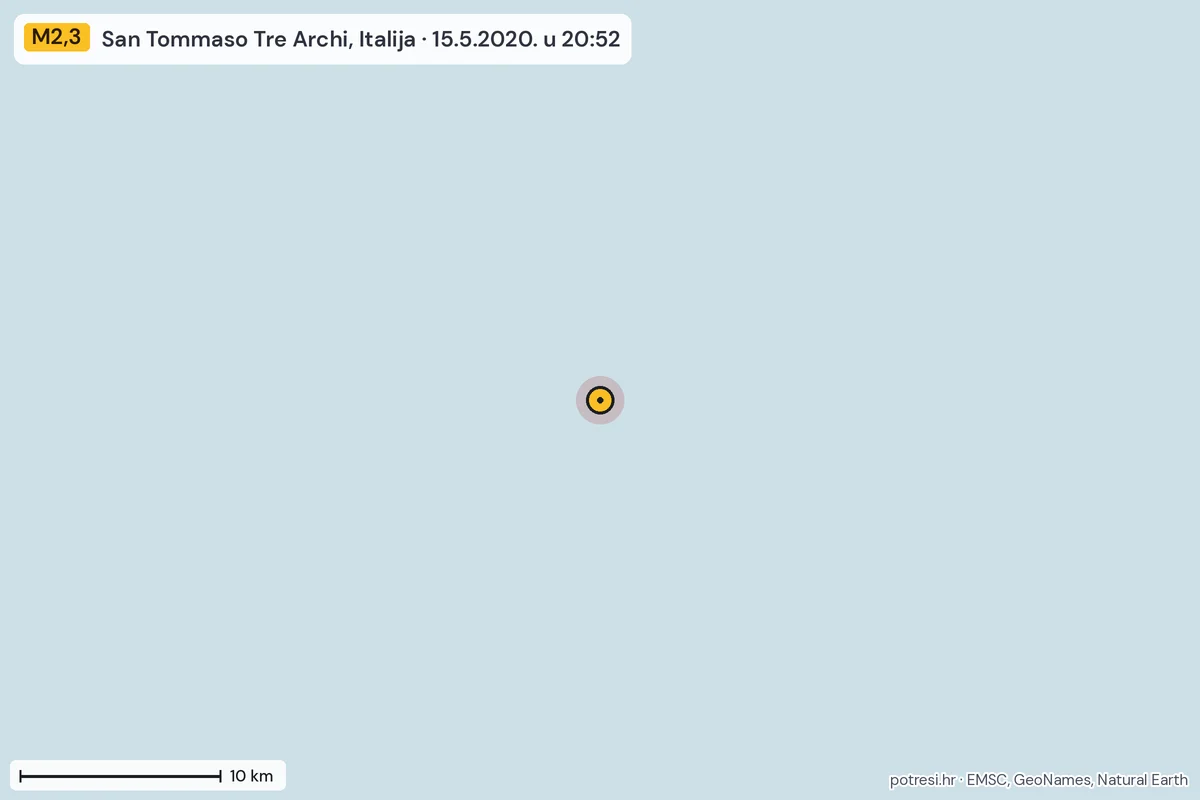 Karta: okolica epicentra, 60 km, potres M2,3, San Tommaso Tre Archi, Italija, 15.5.2020.