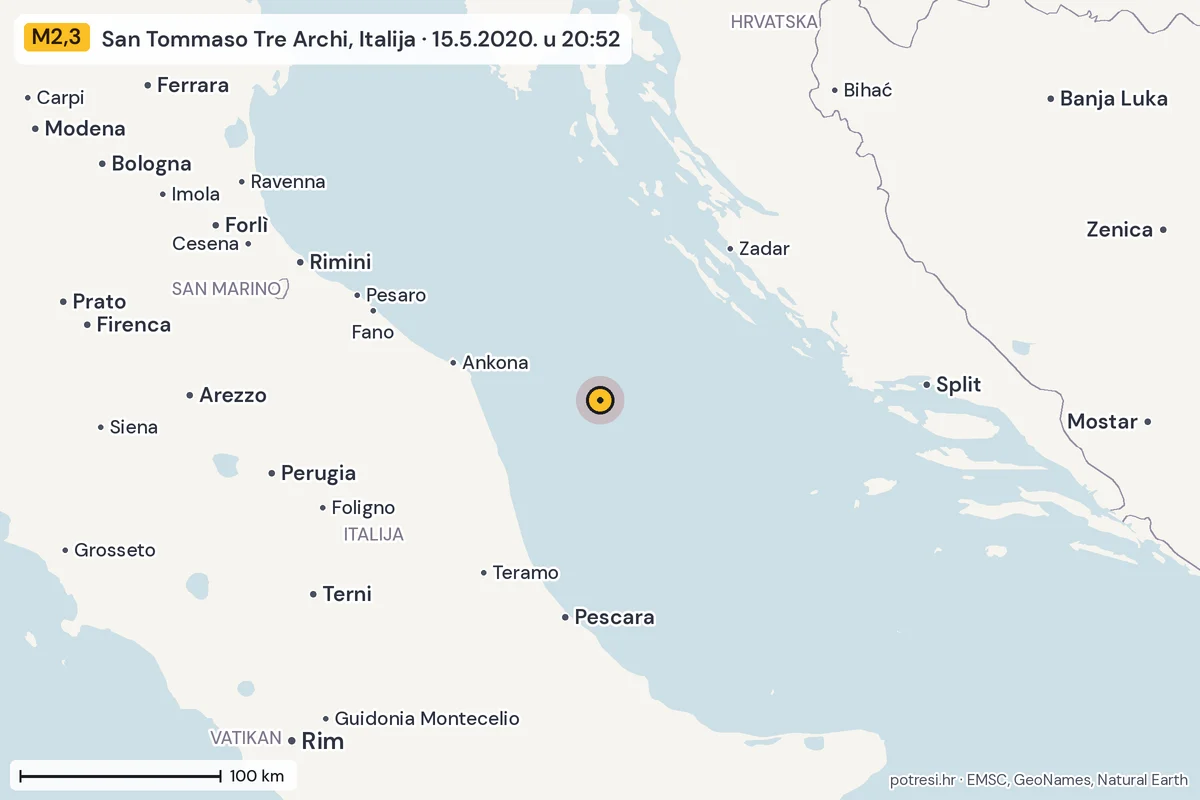 Karta: šire područje, 600 km, potres M2,3, San Tommaso Tre Archi, Italija, 15.5.2020.