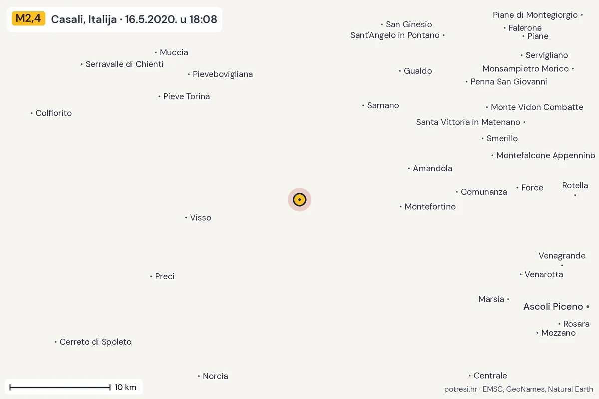 Karta: okolica epicentra, 60 km, potres M2,4, Casali, Italija, 16.5.2020.