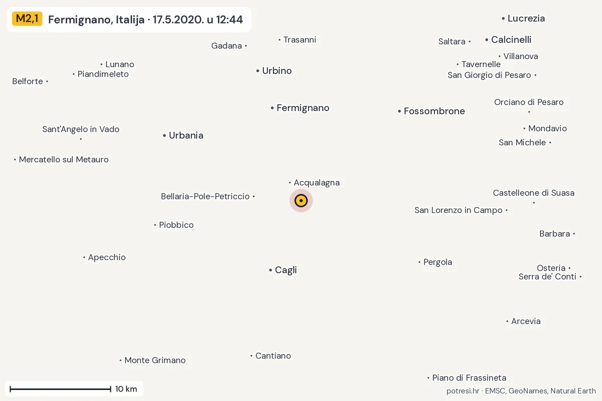Karta: okolica epicentra, 60 km, potres M2,1, Fermignano, Italija, 17.5.2020.