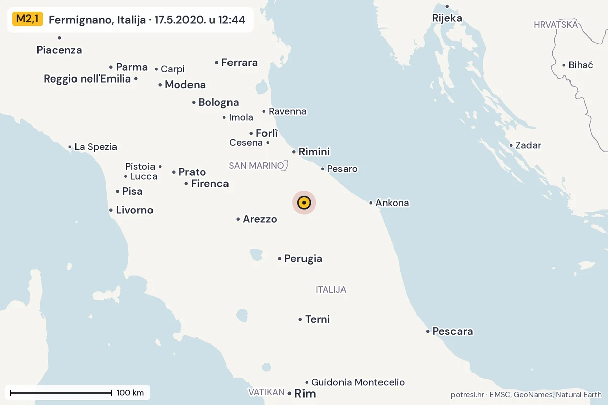Karta: šire područje, 600 km, potres M2,1, Fermignano, Italija, 17.5.2020.