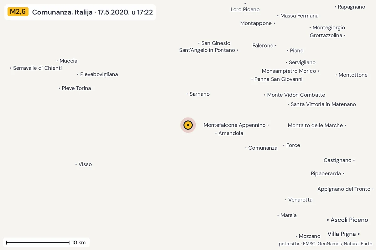 Karta: okolica epicentra, 60 km, potres M2,6, Comunanza, Italija, 17.5.2020.