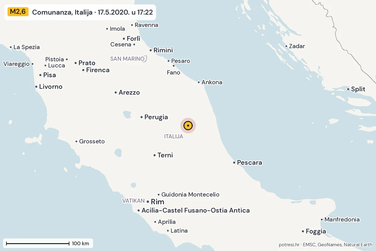 Karta: šire područje, 600 km, potres M2,6, Comunanza, Italija, 17.5.2020.
