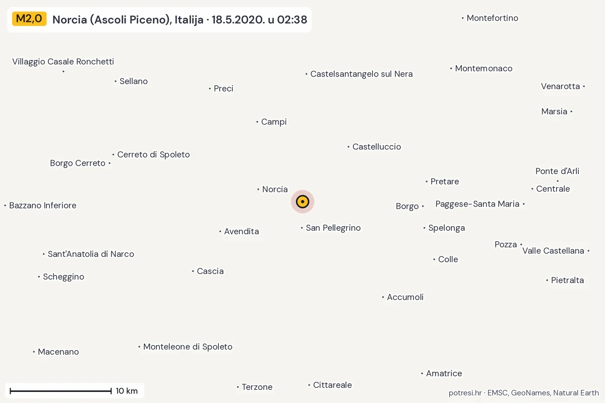 Karta: okolica epicentra, 60 km, potres M2,0, Norcia (Ascoli Piceno), Italija, 18.5.2020.