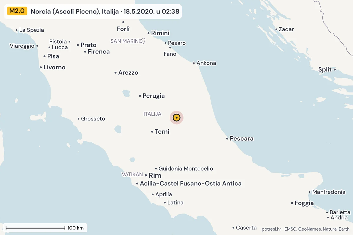 Karta: šire područje, 600 km, potres M2,0, Norcia (Ascoli Piceno), Italija, 18.5.2020.